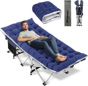 Nictemaw Folding Camping Cot for Adults, Heavy Duty Camping Bed Sleeping Cot with Cot Pad and Carry Bag, 900 LBS Double Layer Oxford Portable Travel Camp Cots Outdoor Cot for Camp, Office, Home, Blue