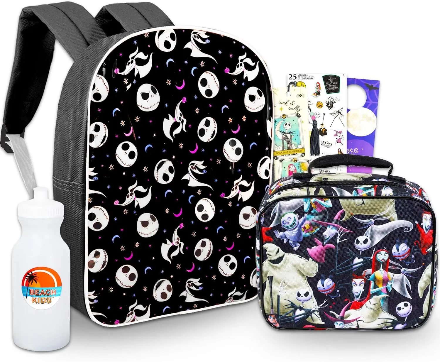 Nightmare Before Christmas Backpack with Lunch Box Set - Bundle with 16" Jack Skellington Backpack, Lunch Bag, Water Bottle, Stickers, More | Nightmare Before Christmas School Bag