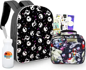 Nightmare Before Christmas Backpack with Lunch Box Set - Bundle with 16" Jack Skellington Backpack, Lunch Bag, Water Bottle, Stickers, More | Nightmare Before Christmas School Bag