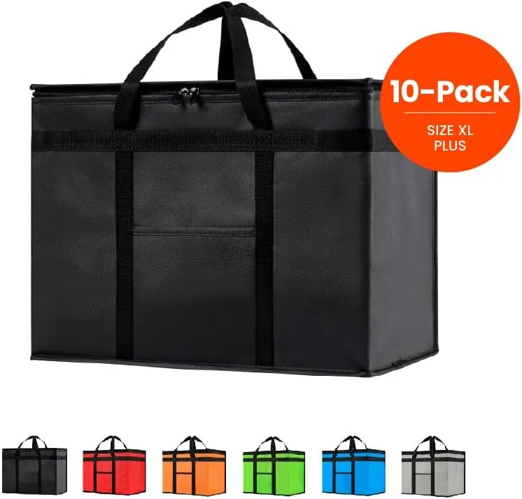NZ home Insulated Cooler Bag and Food Warmer (XL Plus, 10-Pack) for Delivery & Grocery Shopping with Zippered Top, Black