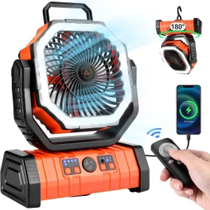 Odoland 30000mAh Camping Fan with LED Lantern, Rechargeable Battery Operated Oscillating with Remote Hook Stroage Bag, Portable Tent Fan with Timer, 4 Speeds for Outdoor RV Jobsite Power Outage,Orange