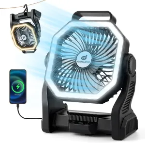 Odoland Camping Fan with LED Lantern, 20000mAh Rechargeable Battery Operated Fan, Portable Outdoor Light with Rotation Hook for Picnic Power Outage Hurricane Emergency Home Patio, Black