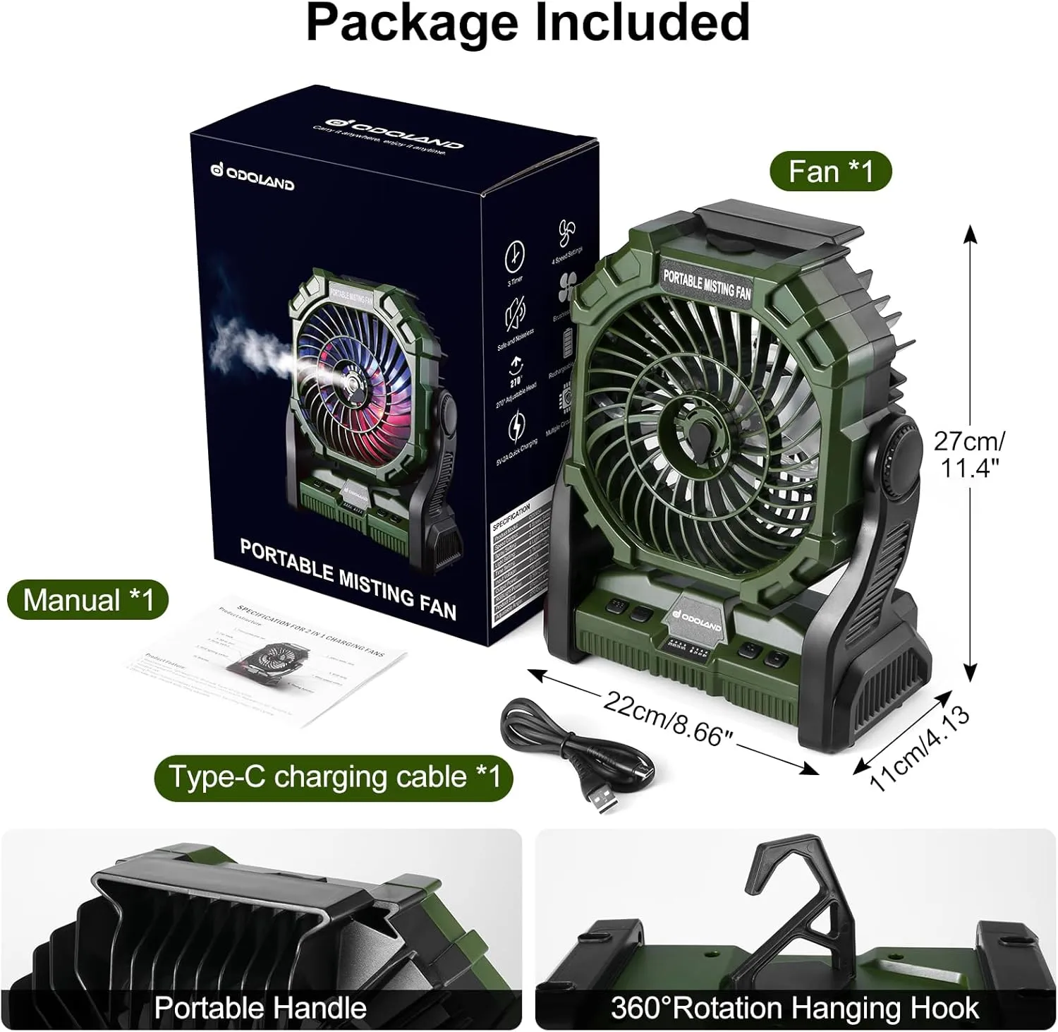 Odoland Portable LED Lantern with Fan, 10000mAh Battery Operated Rechargeable Camping Light Misting Fan with 250mL Water Tank, Hook, Outdoor Tent Cooling Fans for Patios Beach Travel Summer, Green