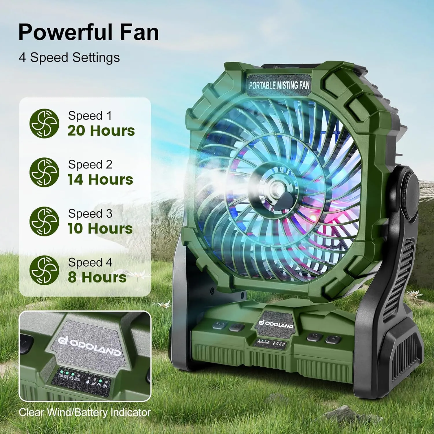 Odoland Portable LED Lantern with Fan, 10000mAh Battery Operated Rechargeable Camping Light Misting Fan with 250mL Water Tank, Hook, Outdoor Tent Cooling Fans for Patios Beach Travel Summer, Green