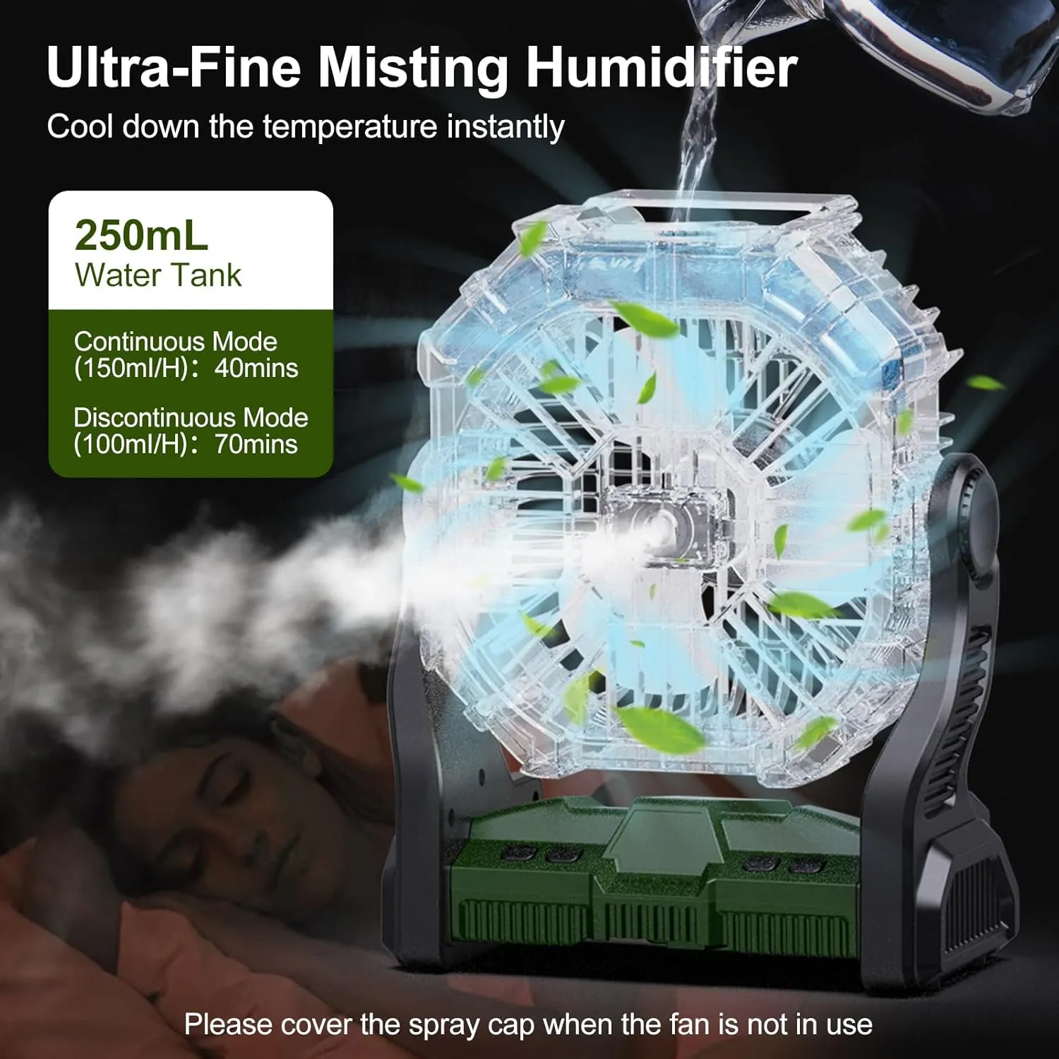 Odoland Portable LED Lantern with Fan, 10000mAh Battery Operated Rechargeable Camping Light Misting Fan with 250mL Water Tank, Hook, Outdoor Tent Cooling Fans for Patios Beach Travel Summer, Green