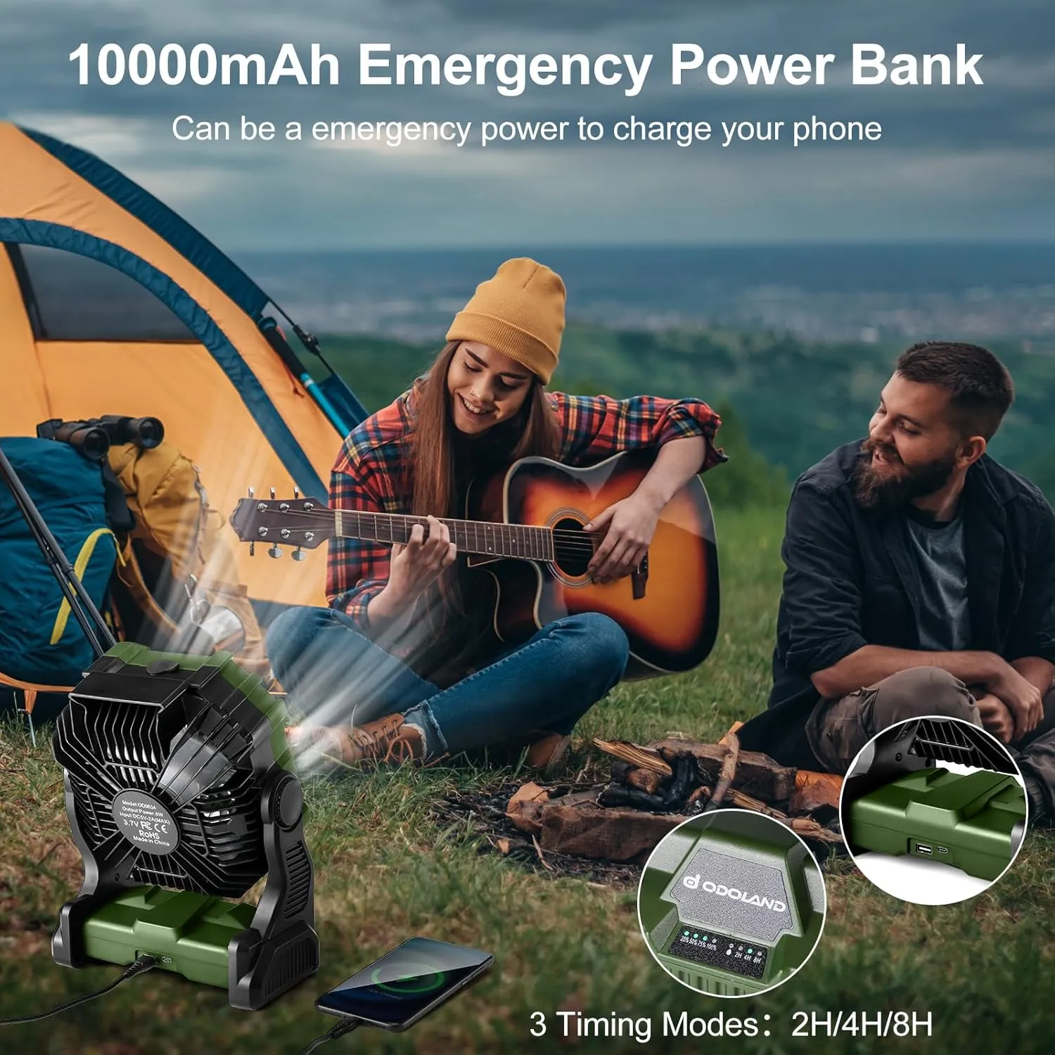 Odoland Portable LED Lantern with Fan, 10000mAh Battery Operated Rechargeable Camping Light Misting Fan with 250mL Water Tank, Hook, Outdoor Tent Cooling Fans for Patios Beach Travel Summer, Green