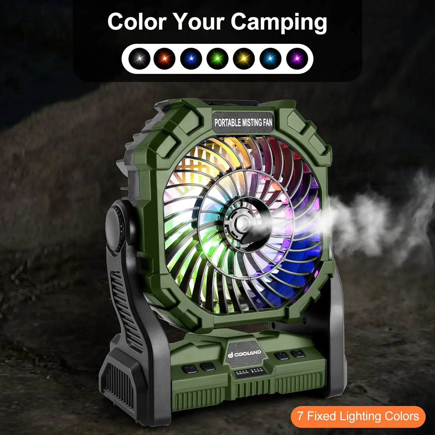 Odoland Portable LED Lantern with Fan, 10000mAh Battery Operated Rechargeable Camping Light Misting Fan with 250mL Water Tank, Hook, Outdoor Tent Cooling Fans for Patios Beach Travel Summer, Green