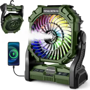 Odoland Portable LED Lantern with Fan, 10000mAh Battery Operated Rechargeable Camping Light Misting Fan with 250mL Water Tank, Hook, Outdoor Tent Cooling Fans for Patios Beach Travel Summer, Green