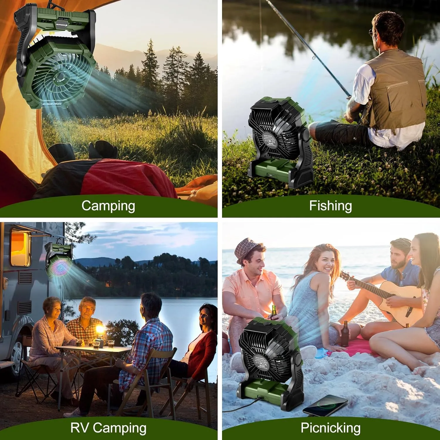 Odoland Portable LED Lantern with Fan, 10000mAh Battery Operated Rechargeable Camping Light Misting Fan with 250mL Water Tank, Hook, Outdoor Tent Cooling Fans for Patios Beach Travel Summer, Green