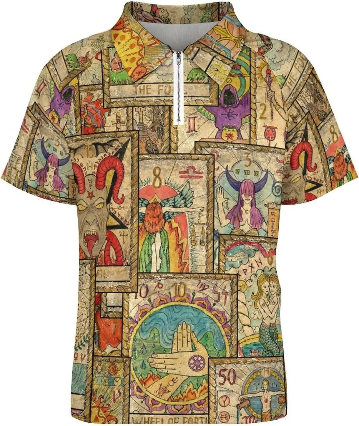 Old Tarot Cards in Vertical Layout Men's Casual Polo Zipper Shirts Short Sleeve Fashion Golf Shirt Classic
