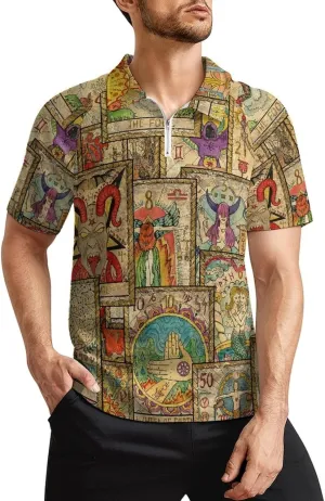 Old Tarot Cards in Vertical Layout Men's Casual Polo Zipper Shirts Short Sleeve Fashion Golf Shirt Classic