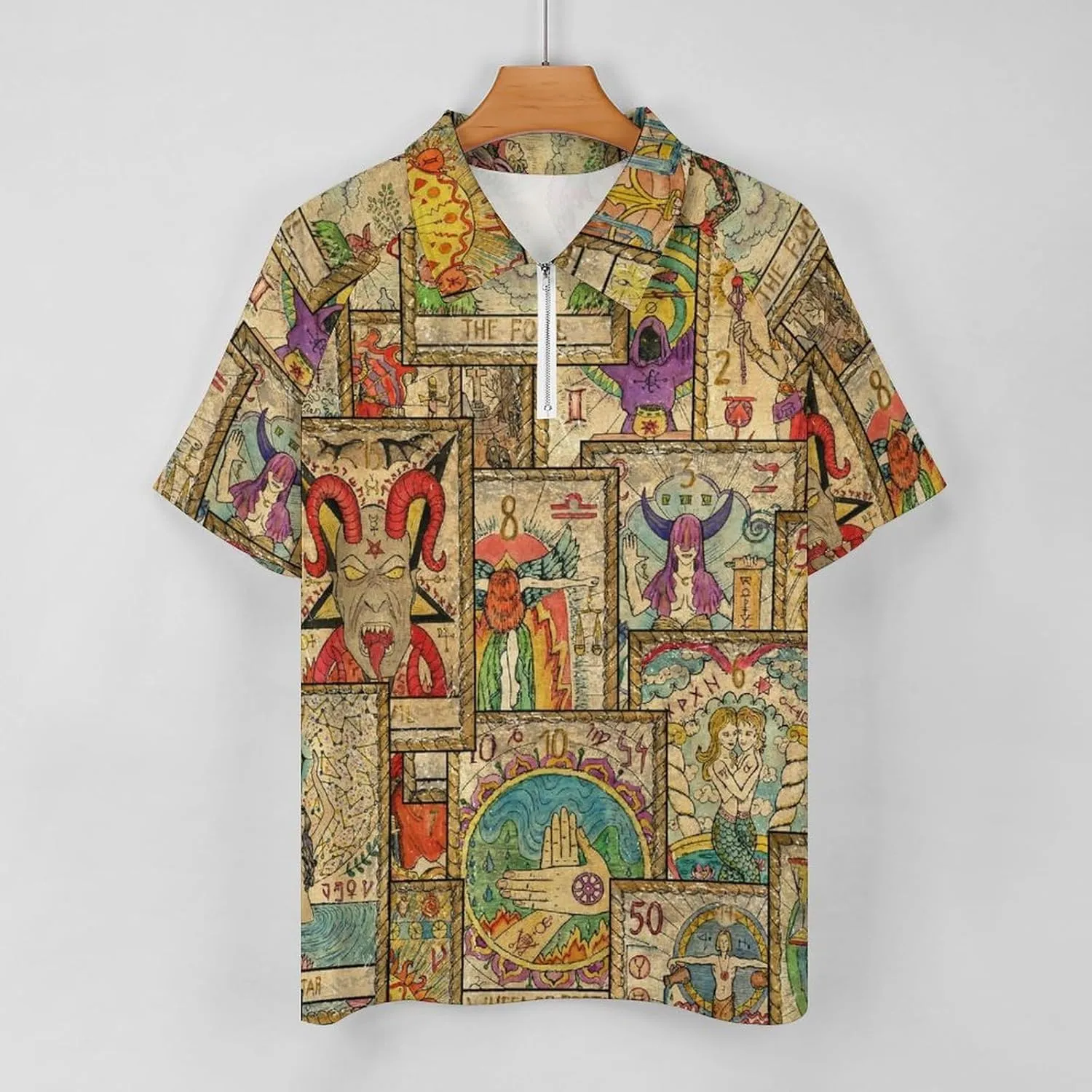 Old Tarot Cards in Vertical Layout Men's Casual Polo Zipper Shirts Short Sleeve Fashion Golf Shirt Classic