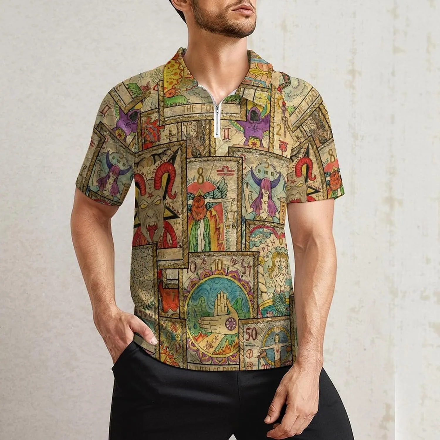 Old Tarot Cards in Vertical Layout Men's Casual Polo Zipper Shirts Short Sleeve Fashion Golf Shirt Classic