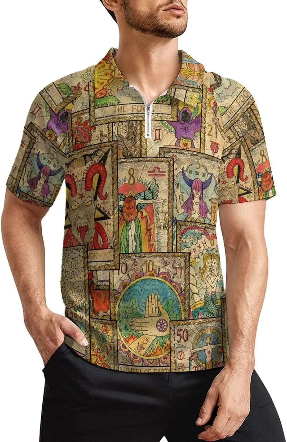 Old Tarot Cards in Vertical Layout Men's Casual Polo Zipper Shirts Short Sleeve Fashion Golf Shirt Classic