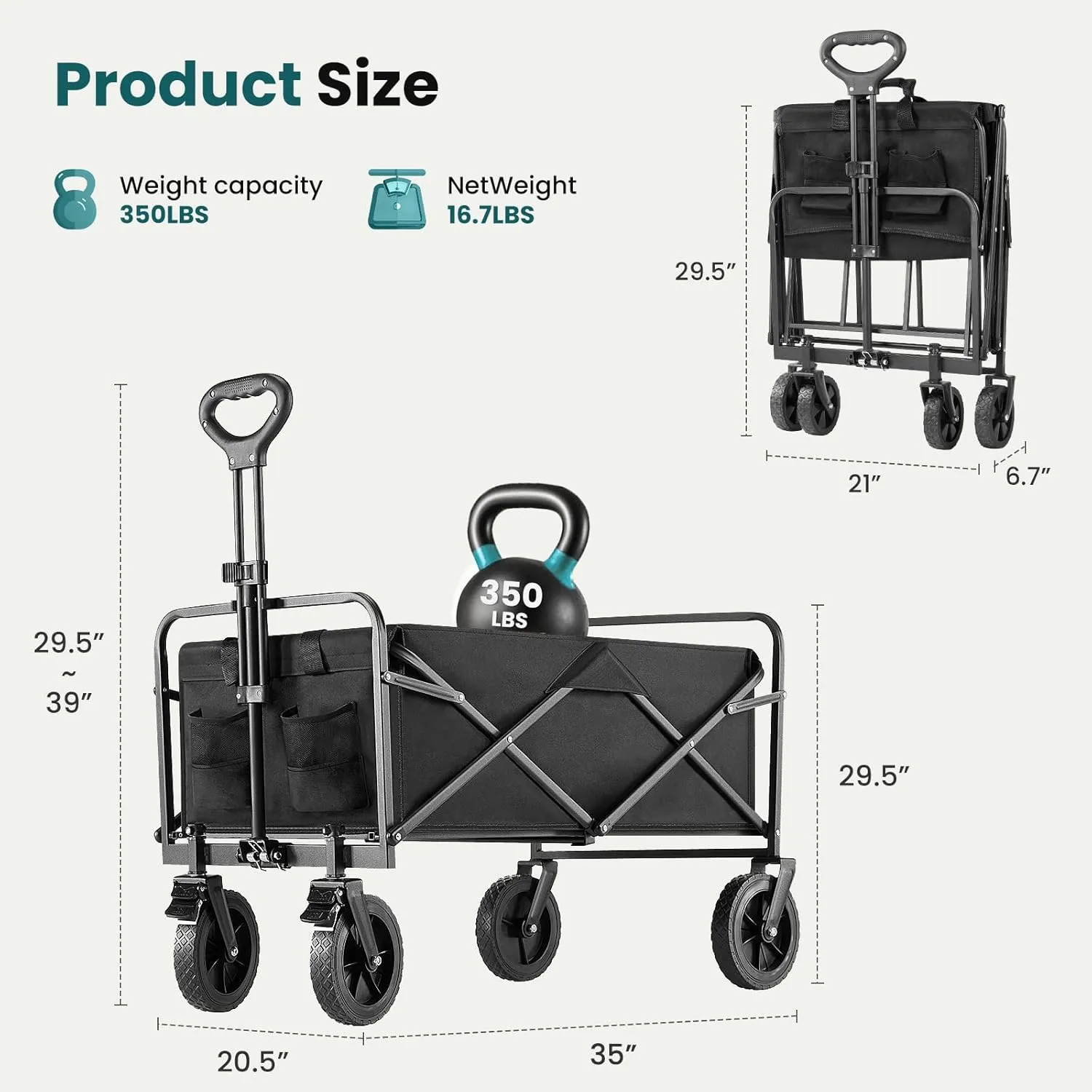 OLIXIS Heavy Duty Wagon Cart with Wheels Foldable,Large Collapsible Wagons Carts with All-Terrain Wheels,Smooth Maneuverability,Suitable for Gardening,Camping and Beach,Black