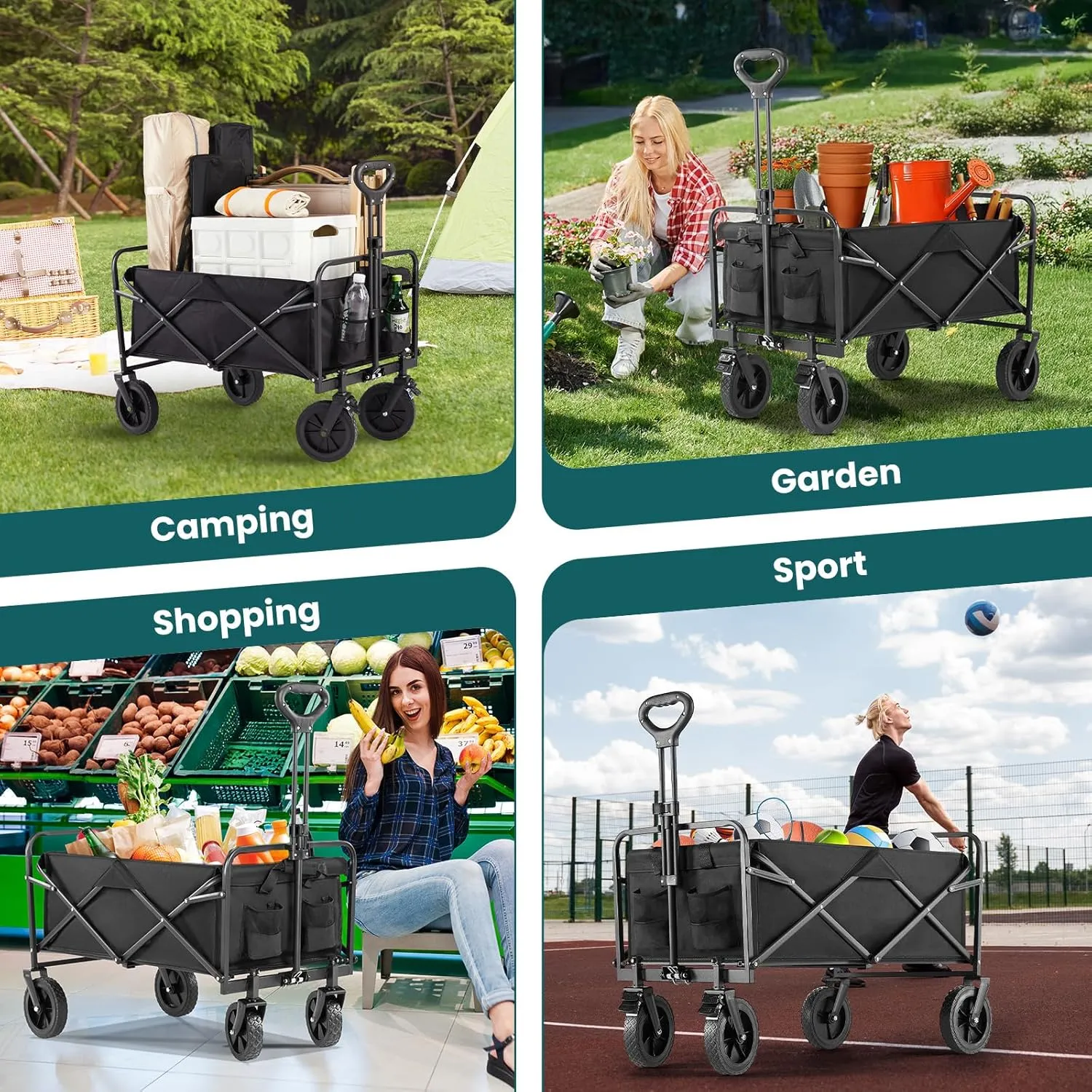 OLIXIS Heavy Duty Wagon Cart with Wheels Foldable,Large Collapsible Wagons Carts with All-Terrain Wheels,Smooth Maneuverability,Suitable for Gardening,Camping and Beach,Black