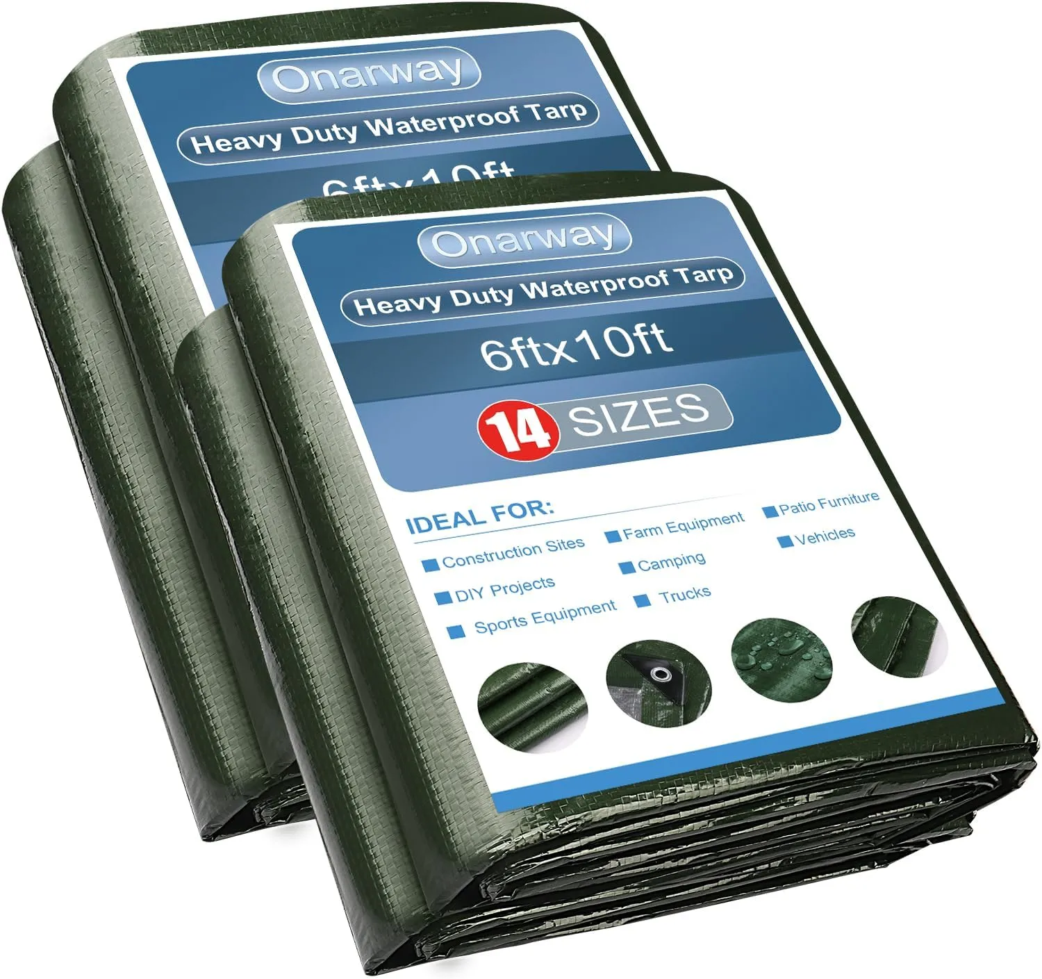 Onarway Poly Tarps Waterproof for Outdoor: Green Tarpaulin 6Mil Thicken 6x10 Ft 2Packs- Anti-UV Waterproof Tarp Cover with Grommets Multipurpose for Boat Pool Roof Camping