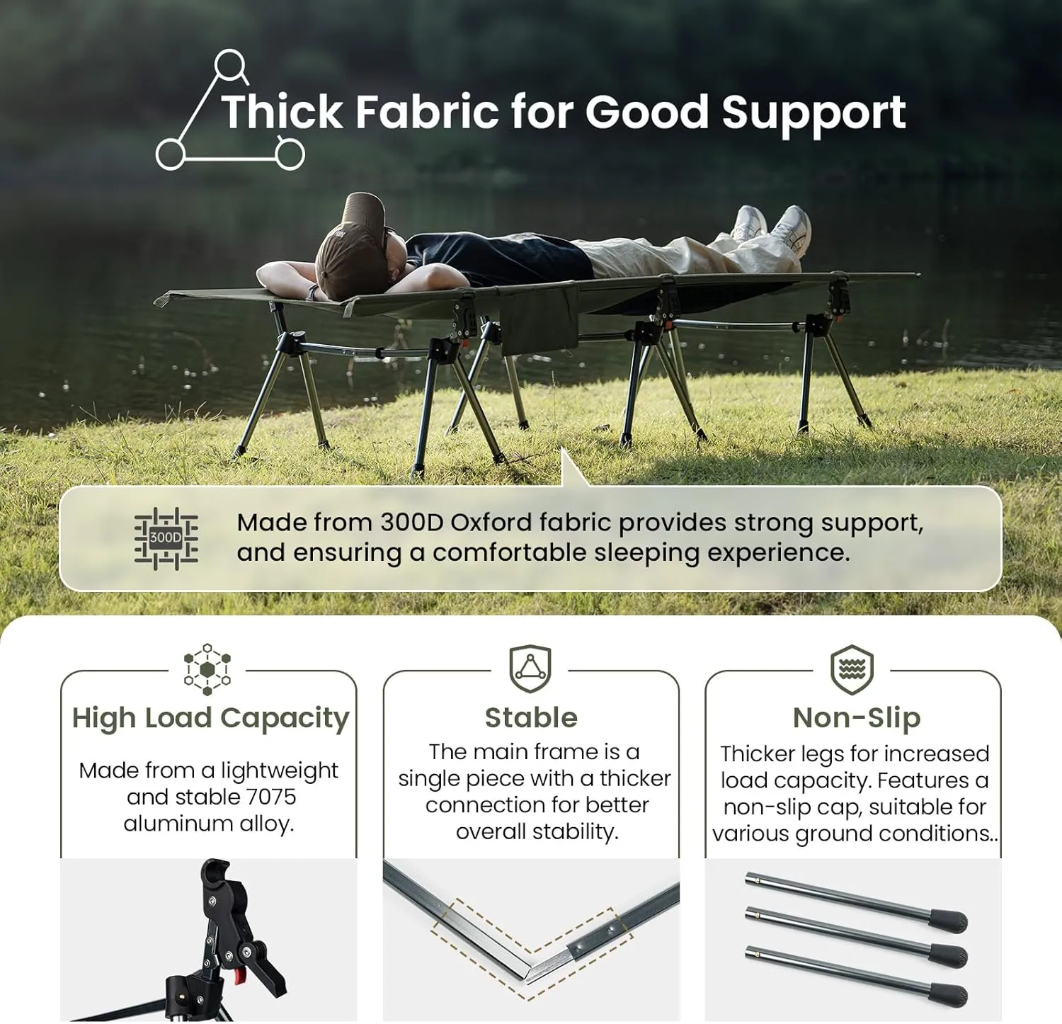 OneTigris SUPRANUBIS Camping Cot, Height Adjustable with Cot Leg Extenders, Strong Support 330lbs, Portable Folding Bed for Camping, Hiking, Travel, Truck, Beach, Office Nap (Ranger Green)