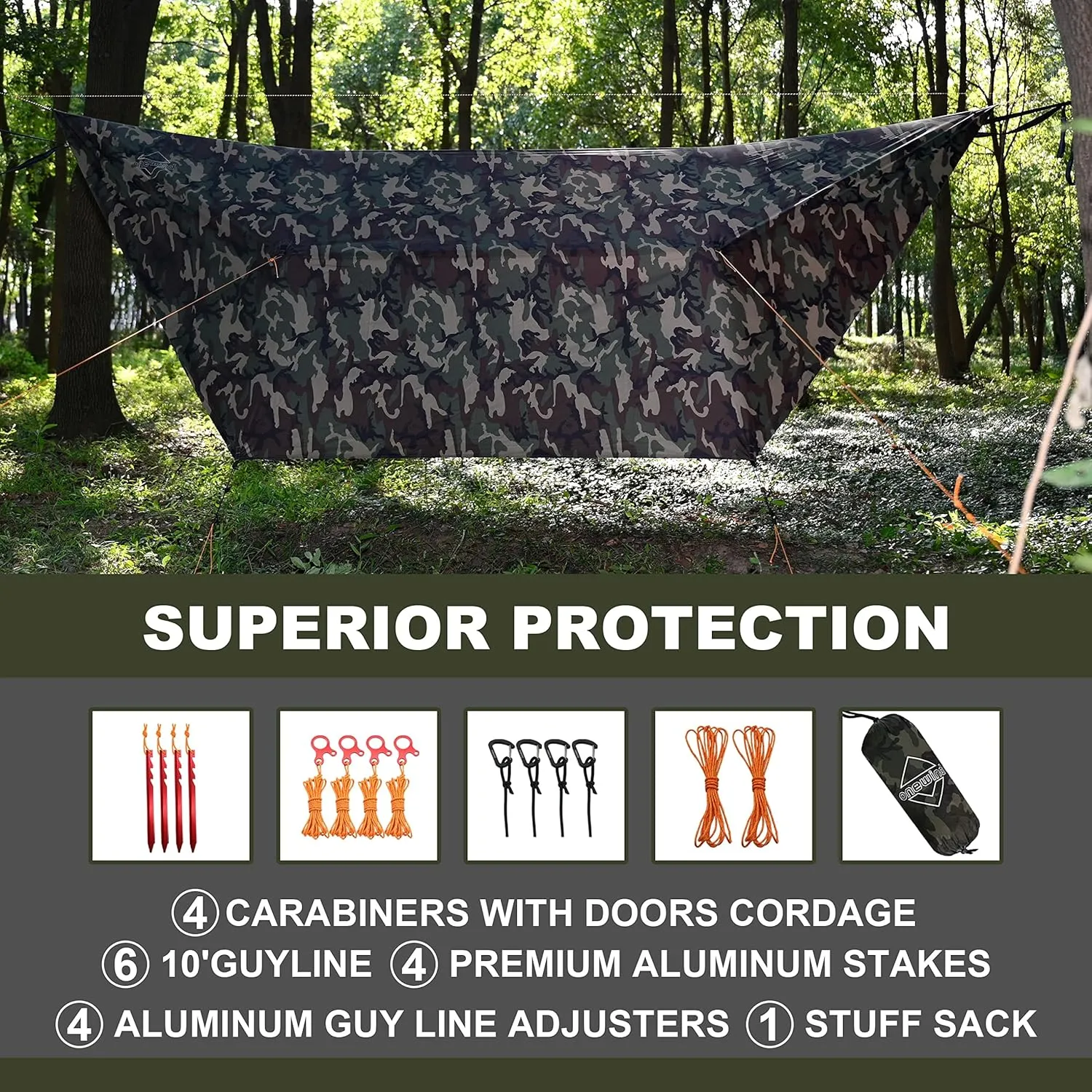 Onewind 12×10 ft Camo Camping Tarp, Billow Tarp Shelter Lightweight Waterproof Hammock Rainfly for Stealth Camping Army Military Bushcraft, Easy to Setup with Tent Pegs and Guyline, Camouflage