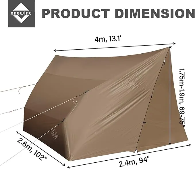 onewind Hammock Tarp, 14Ft*13Ft Blackthorn Hammock Rain Fly, Big Tarp for 3-4 Persons, Ultralight Tarp Tent for 2 Hammocks or Bridge Hammock, 3000mm Waterproof Silnylon Camping Tarp, Brown
