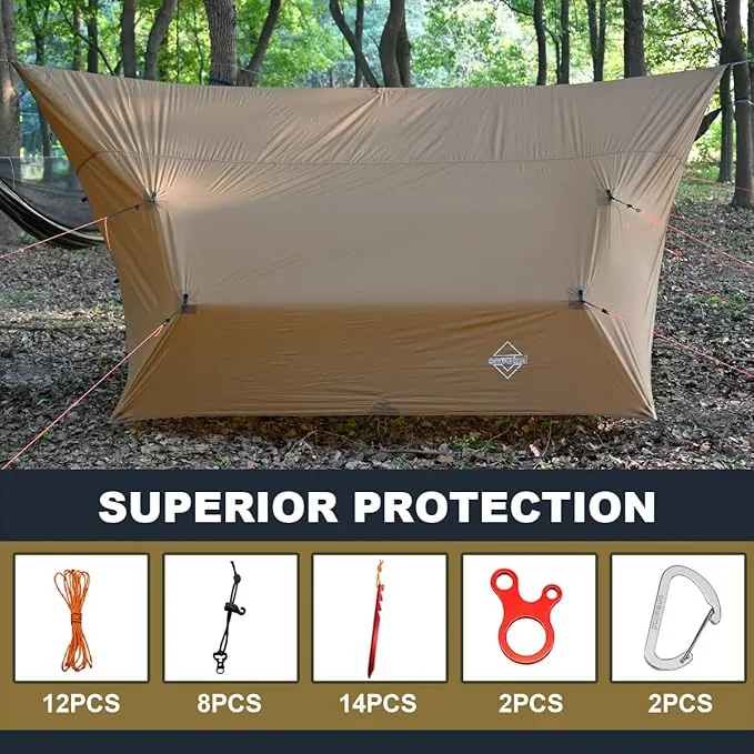 onewind Hammock Tarp, 14Ft*13Ft Blackthorn Hammock Rain Fly, Big Tarp for 3-4 Persons, Ultralight Tarp Tent for 2 Hammocks or Bridge Hammock, 3000mm Waterproof Silnylon Camping Tarp, Brown