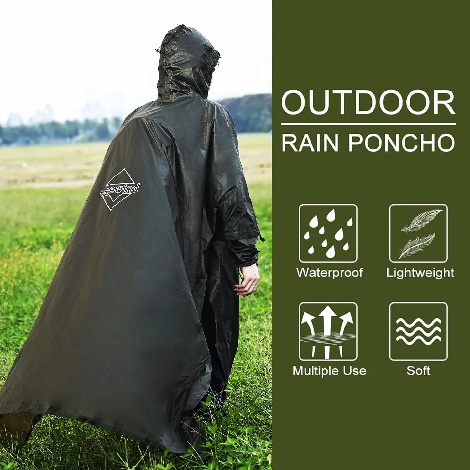 onewind Hooded Rain Poncho, Silnylon Rain Coat Versatile Survival Shelter Waterproof Breathable Lightweight Poncho