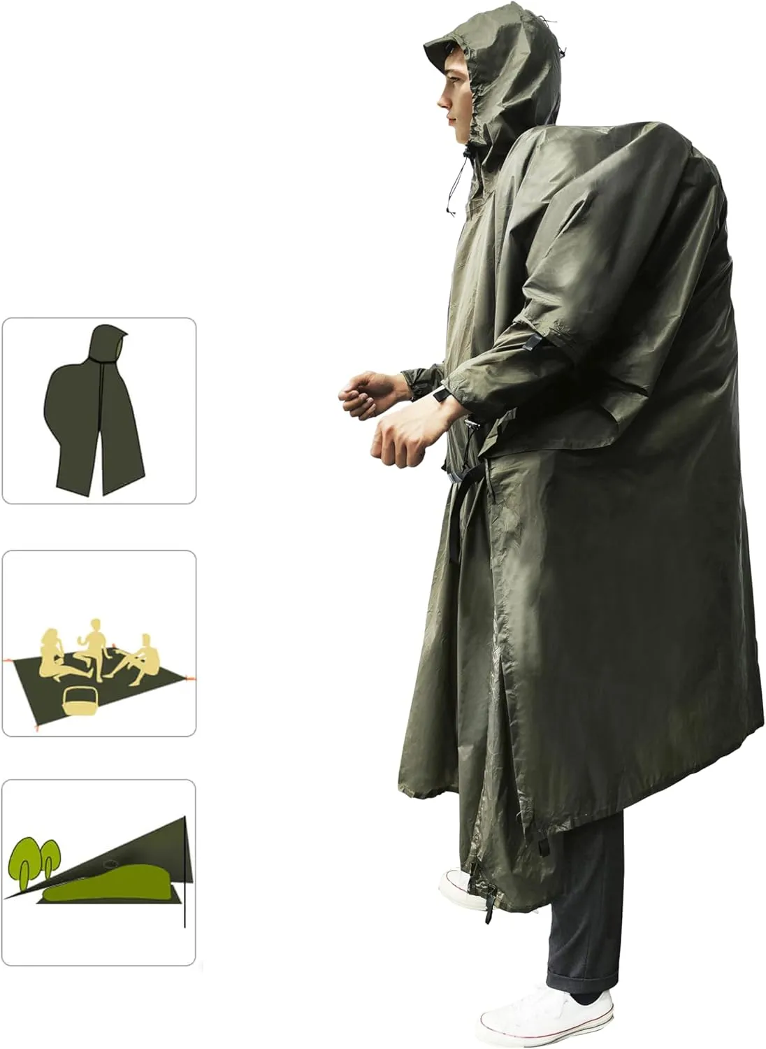 onewind Hooded Rain Poncho, Silnylon Rain Coat Versatile Survival Shelter Waterproof Breathable Lightweight Poncho