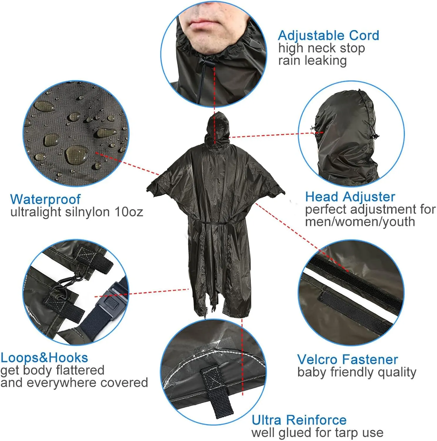 onewind Hooded Rain Poncho, Silnylon Rain Coat Versatile Survival Shelter Waterproof Breathable Lightweight Poncho