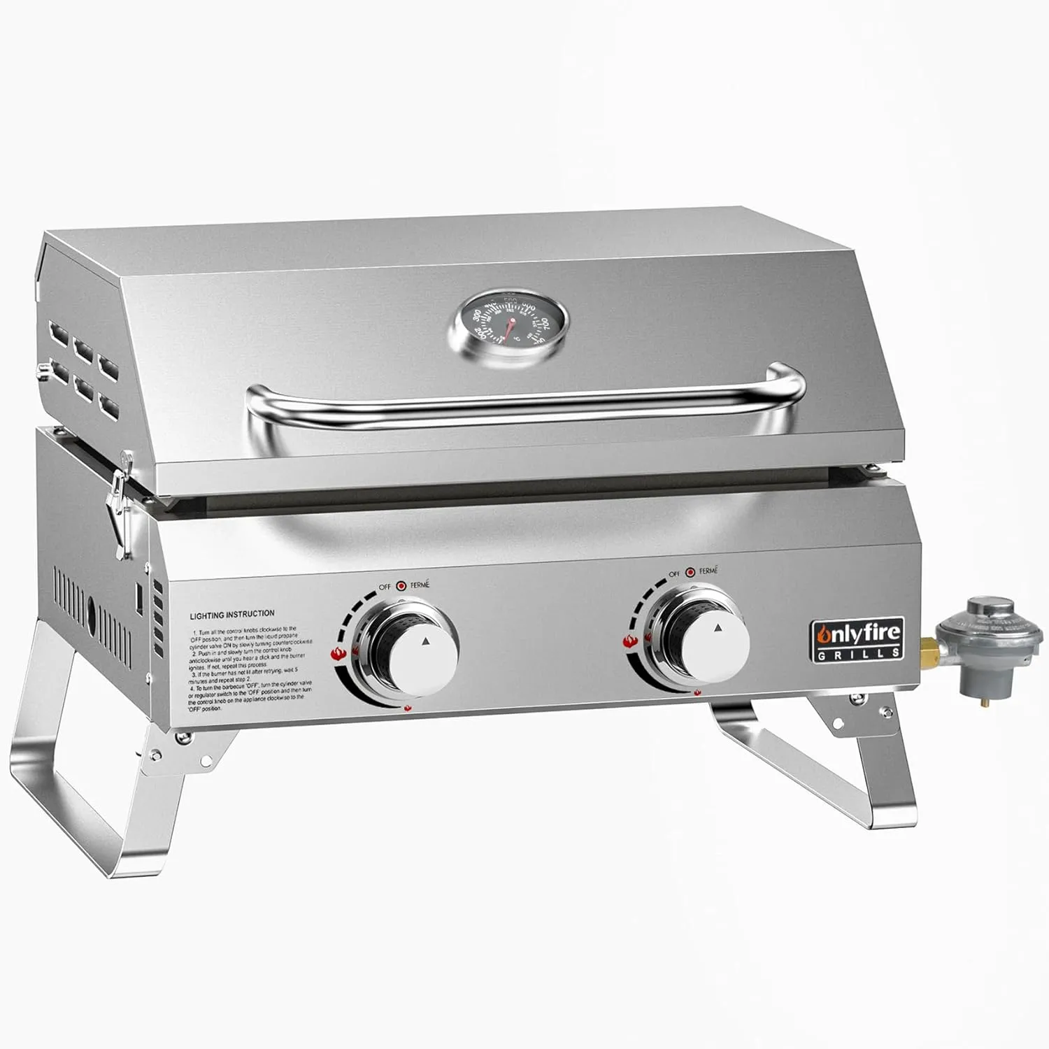 Onlyfire Flat Top Gas Griddle with Lid & Foldable Legs, 2-Burner Tabletop BBQ Propane Grill Griddle, Portable Grill Stove for Outdoor Cooking Patio Party Camping Tailgating RV, Stainless Steel, GS318