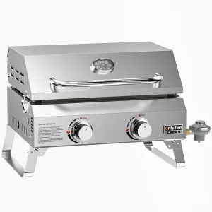 Onlyfire Flat Top Gas Griddle with Lid & Foldable Legs, 2-Burner Tabletop BBQ Propane Grill Griddle, Portable Grill Stove for Outdoor Cooking Patio Party Camping Tailgating RV, Stainless Steel, GS318