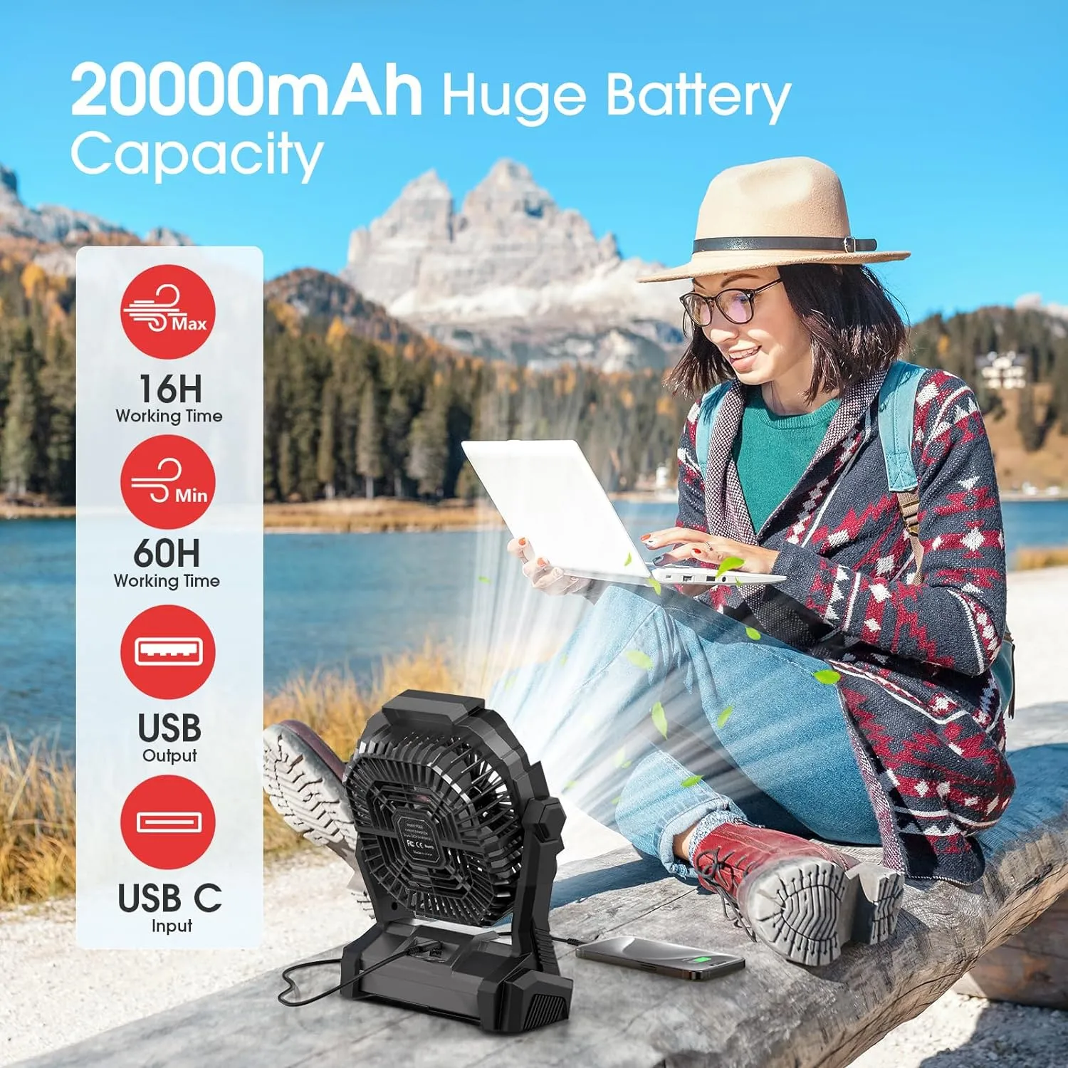 ONLYNEW Portable Fan Rechargeable, 20000mAh Cordless Battery Powered Fan with LED Lantern, USB C Battery Operated for Travel Bedroom Home Camping Tent Office Beach Desk Fishing Table