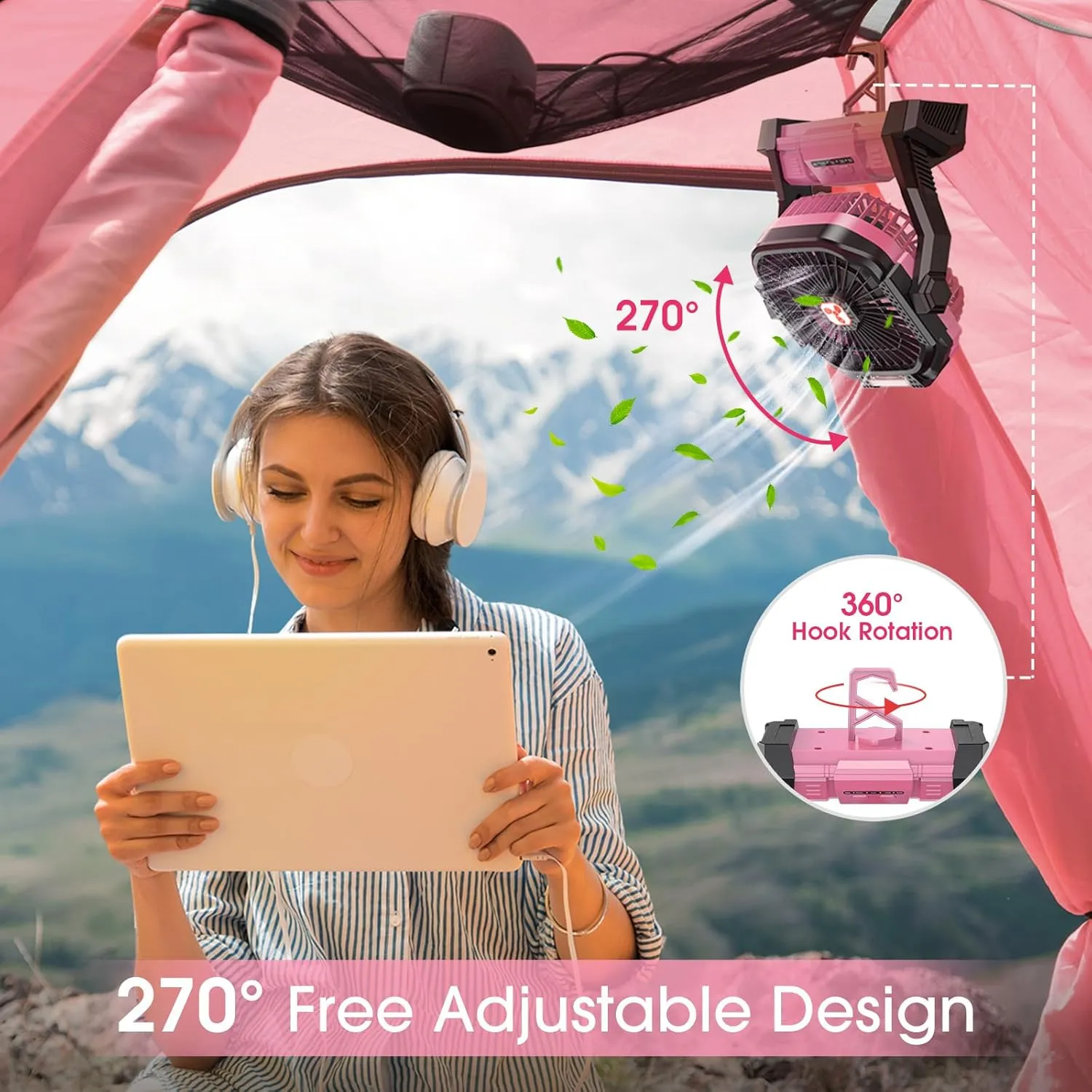 ONLYNEW Portable Fan Rechargeable, 20000mAh Cordless Battery Powered Table Fan with LED Lantern, USB C Battery Operated for Travel Home Camping Tent Office Beach Desk Fishing Pink