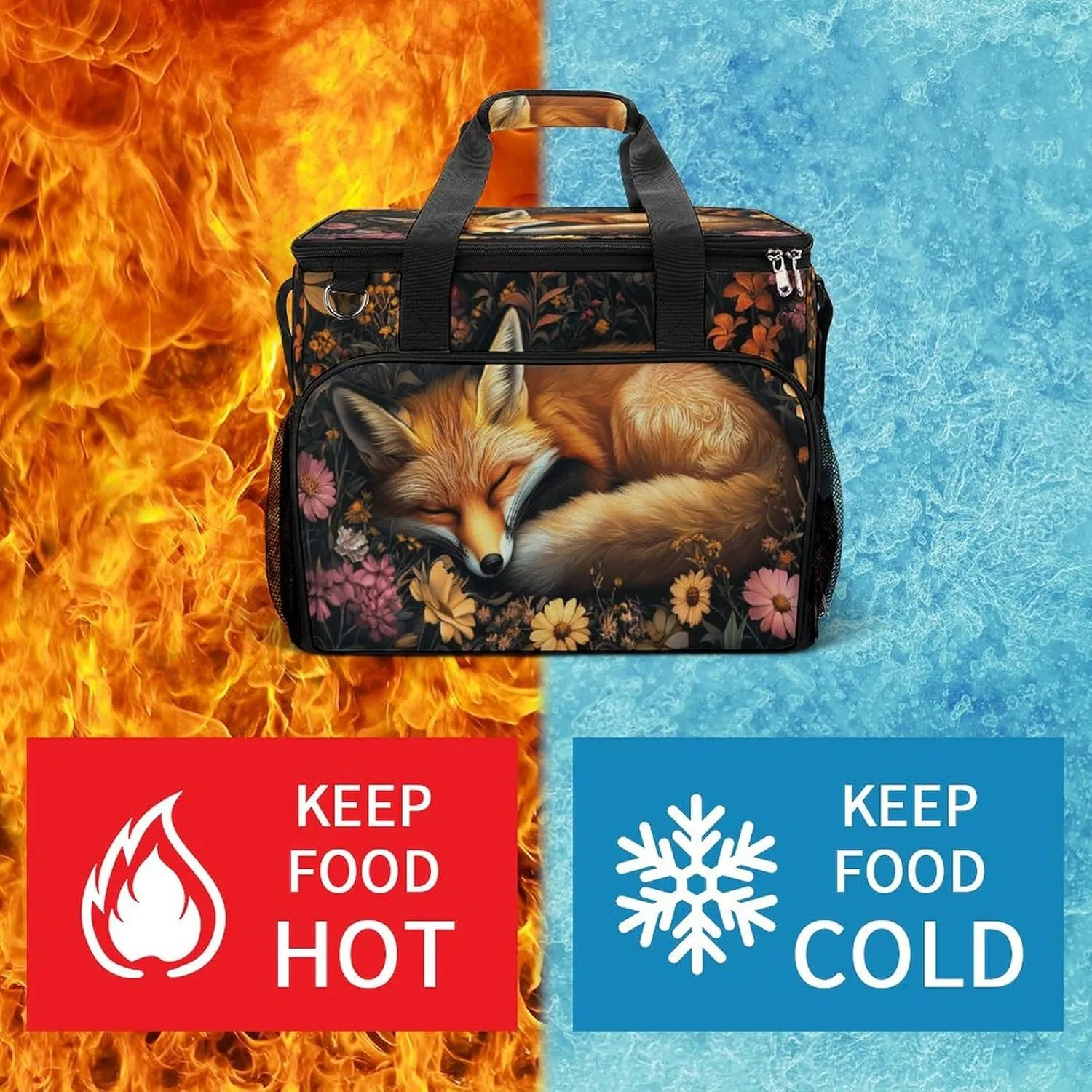 Orange Fox Sleeping in The Middle of Flowers Camping Cooler Bags Insulated Beach Cooler Portable Leak Proof Camping Cooler with Shoulder Strap
