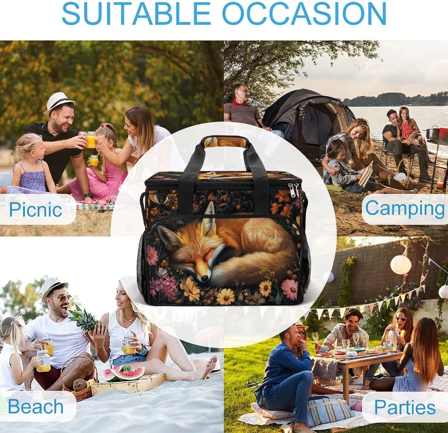 Orange Fox Sleeping in The Middle of Flowers Camping Cooler Bags Insulated Beach Cooler Portable Leak Proof Camping Cooler with Shoulder Strap