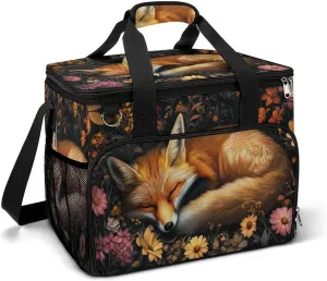 Orange Fox Sleeping in The Middle of Flowers Camping Cooler Bags Insulated Beach Cooler Portable Leak Proof Camping Cooler with Shoulder Strap