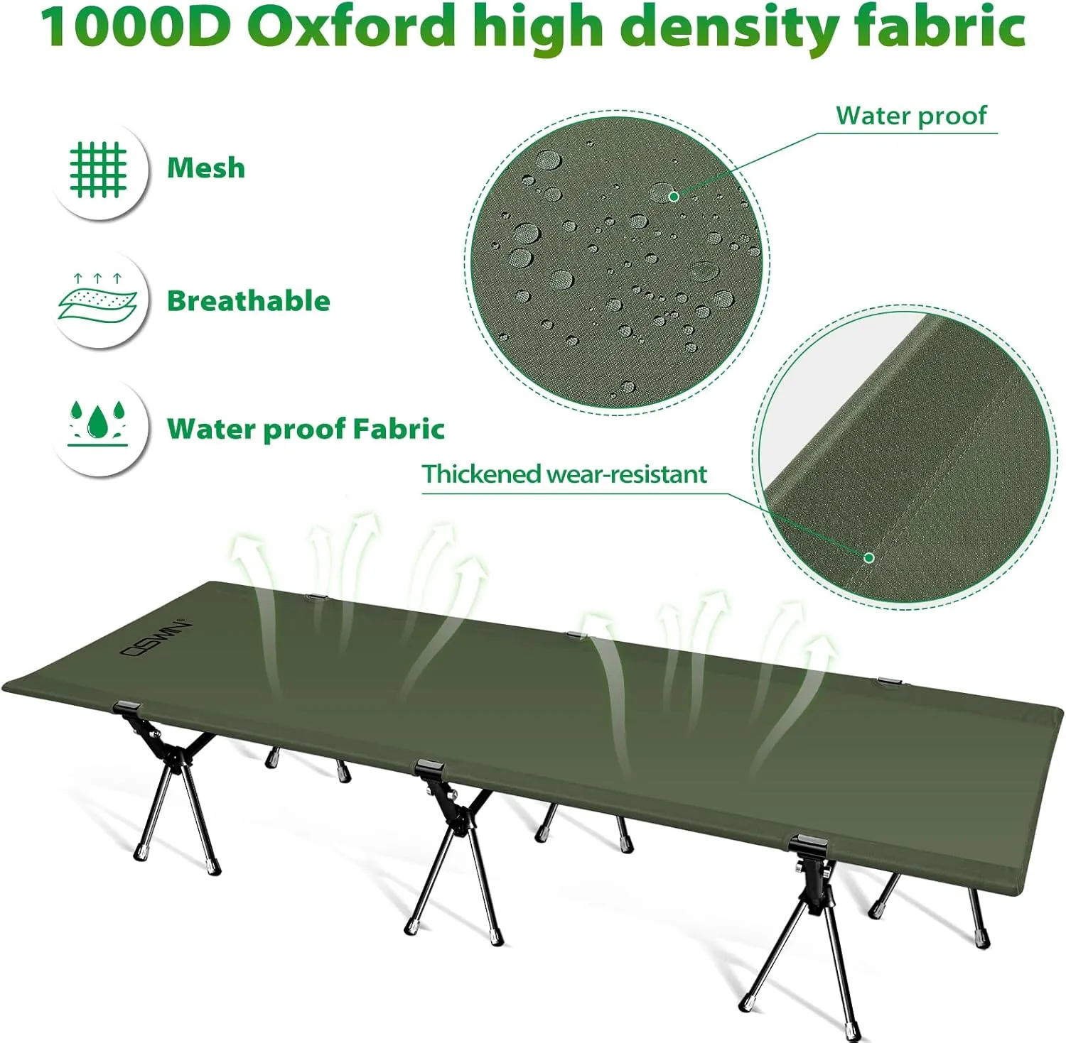 OSWIN Adult Backcountry Camping cot with Leg Extension, rollaway Camping cot, Ultralight Folding Backpack Bed, Support 330-pound, Portable Camping Bed Outdoor Hiking RV Beach（Green）