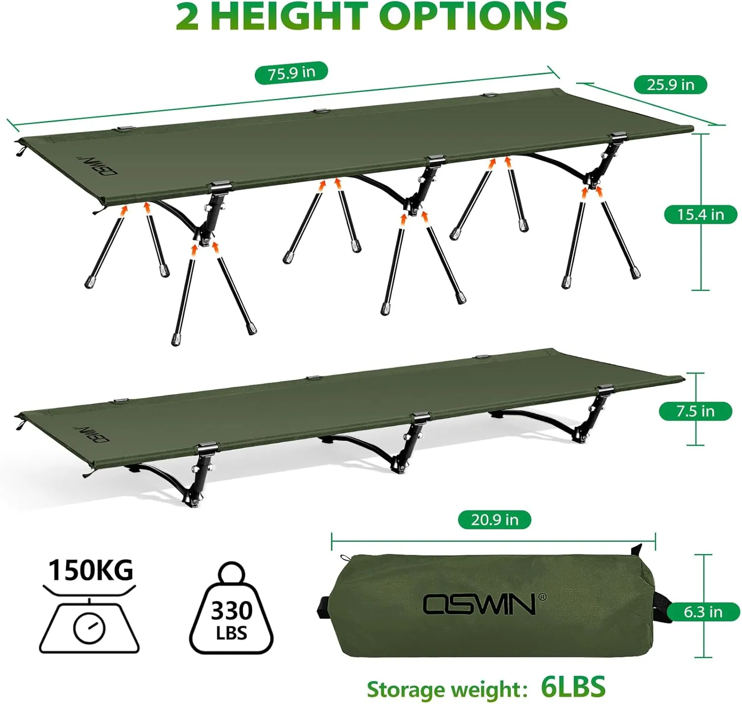 OSWIN Adult Backcountry Camping cot with Leg Extension, rollaway Camping cot, Ultralight Folding Backpack Bed, Support 330-pound, Portable Camping Bed Outdoor Hiking RV Beach（Green）