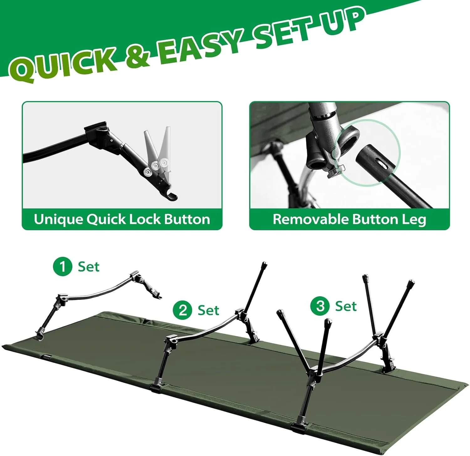 OSWIN Adult Backcountry Camping cot with Leg Extension, rollaway Camping cot, Ultralight Folding Backpack Bed, Support 330-pound, Portable Camping Bed Outdoor Hiking RV Beach（Green）