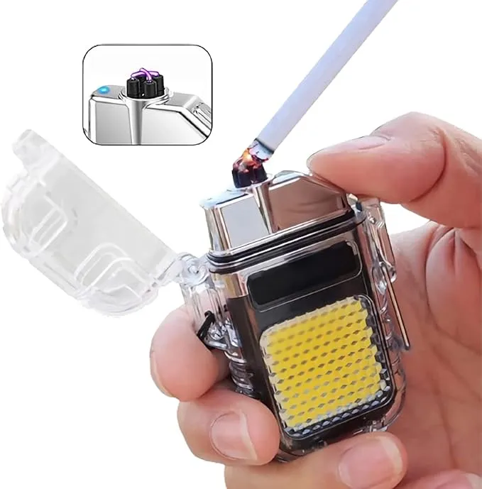 Outdoor Arc Electric Lighter USB Rechargeable Lighter LED Flashlight Double Arc Plasma Lighter Perfect for Camping Hiking Traveling (Black)