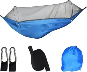 Outdoor Camping Hammock Parachute Fabric with Mosquito Net Lightweight Hanging Hammocks Hanging Bed Net 250x120cm for Terrace, Outdoor(Blue)