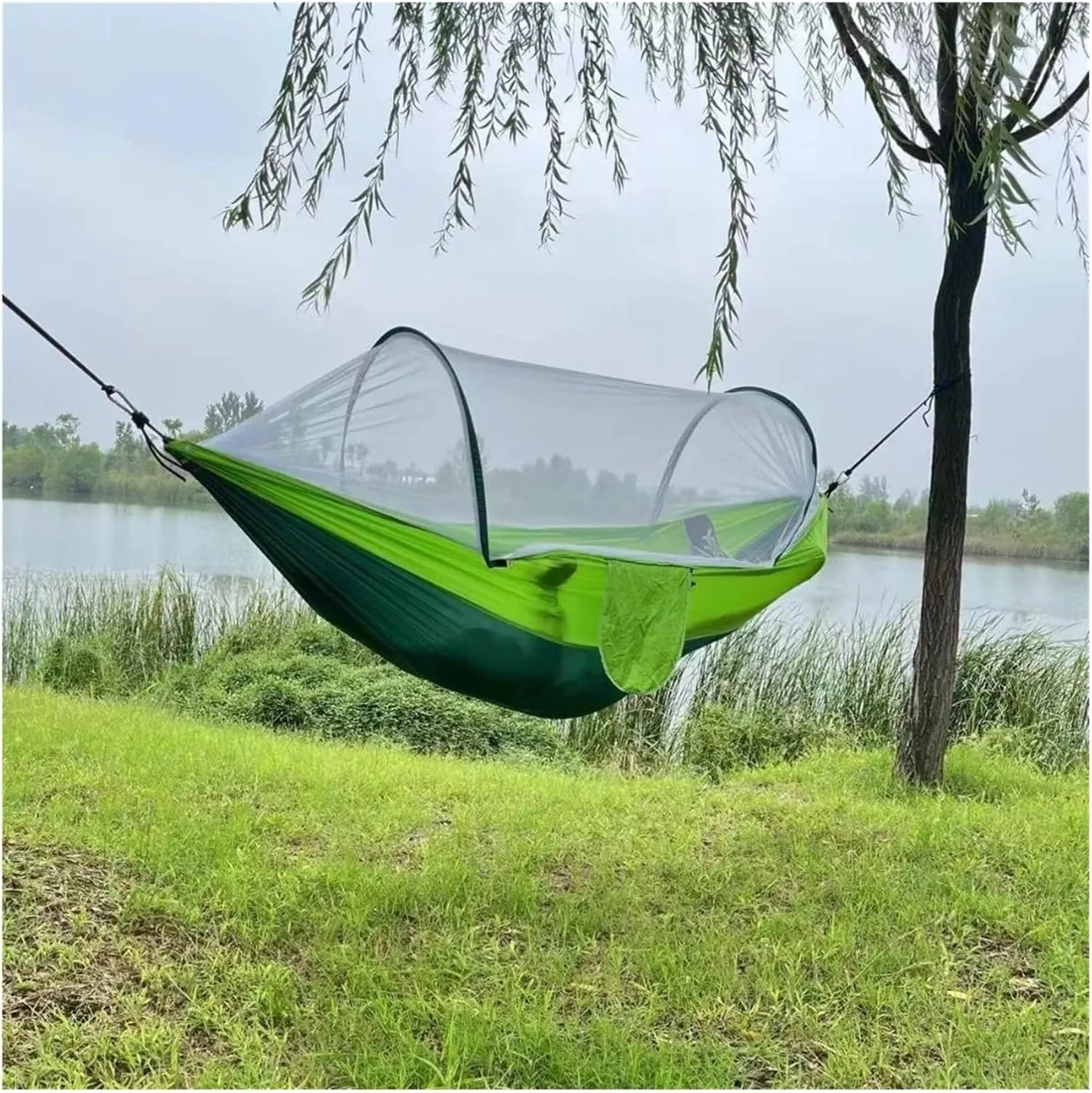Outdoor Camping Hammock Parachute Fabric with Mosquito Net Lightweight Hanging Hammocks Hanging Bed Net 250x120cm for Terrace, Outdoor(Blue)