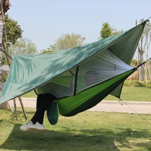 Outdoor Camping Hammock,Portable Hammock,Mosquito Net Hammock with Waterproof Tarp,Parachute Hammock for Hiking Travel Beach Green 260x140cm