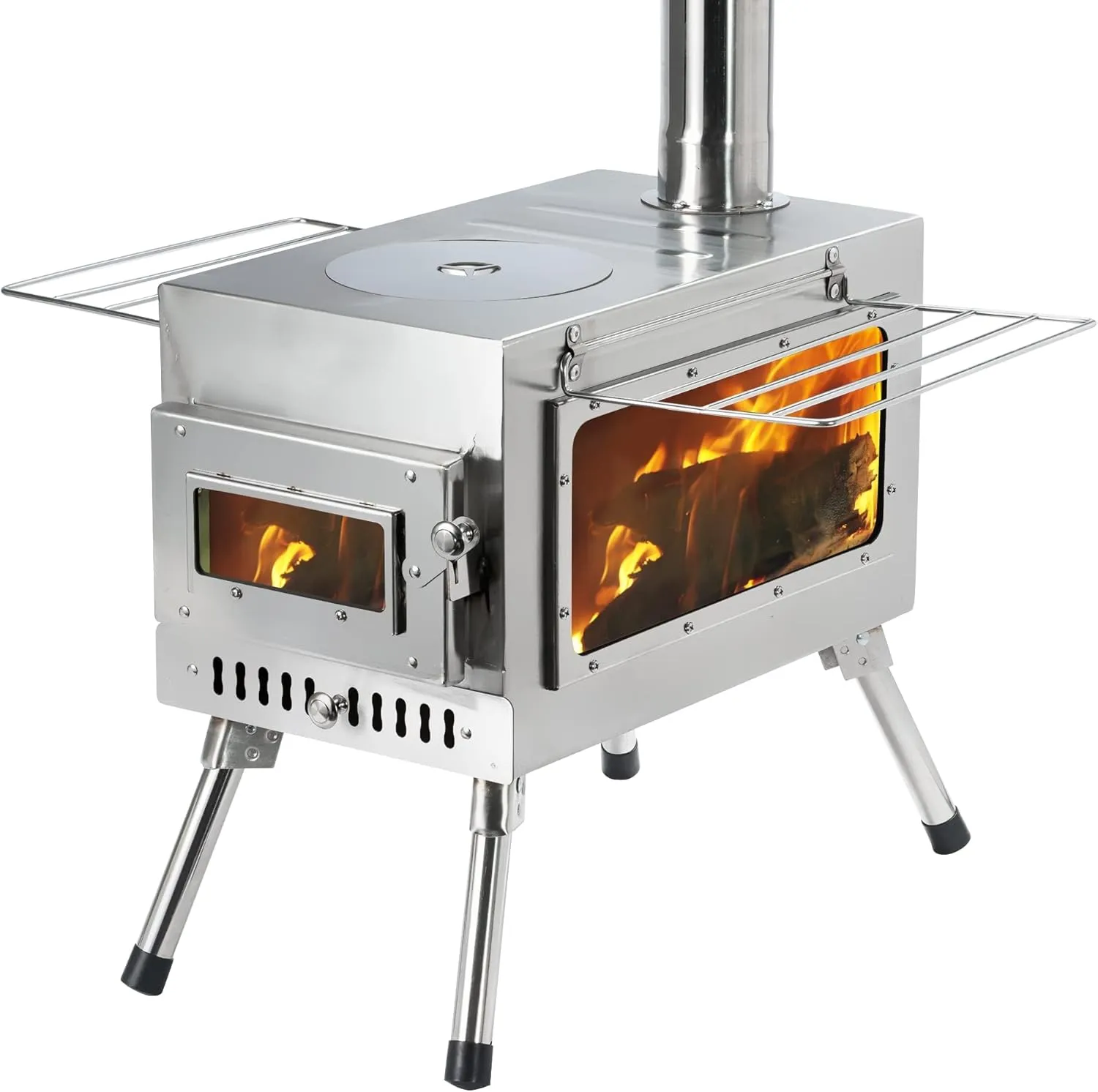 Outdoor Camping Stove, Portable Wood Burning Stove with Chimney Pipe for Tent, Shelter, Heating and Cooking
