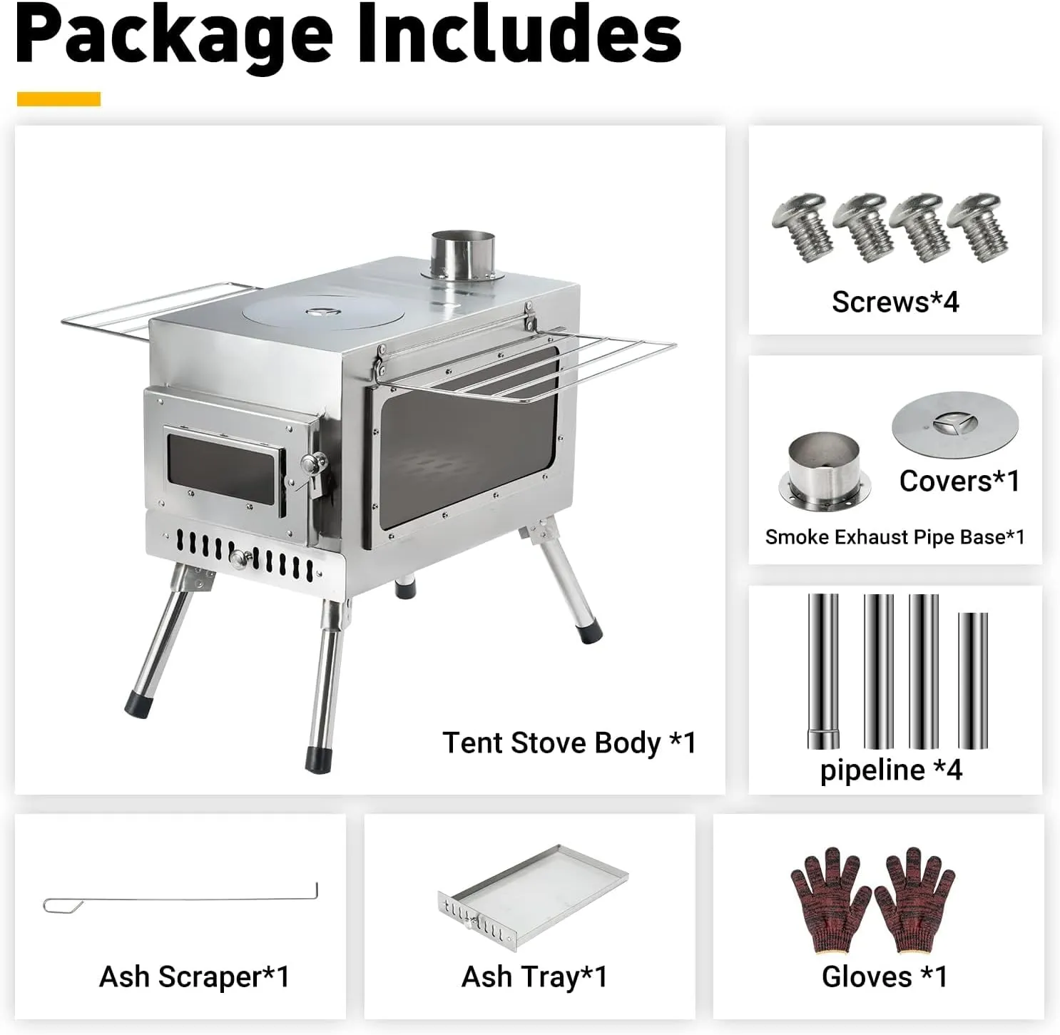 Outdoor Camping Stove, Portable Wood Burning Stove with Chimney Pipe for Tent, Shelter, Heating and Cooking
