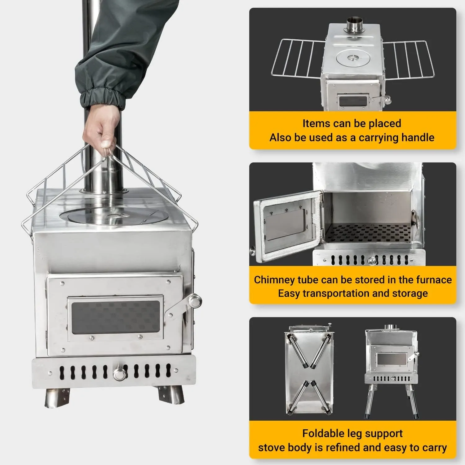 Outdoor Camping Stove, Portable Wood Burning Stove with Chimney Pipe for Tent, Shelter, Heating and Cooking