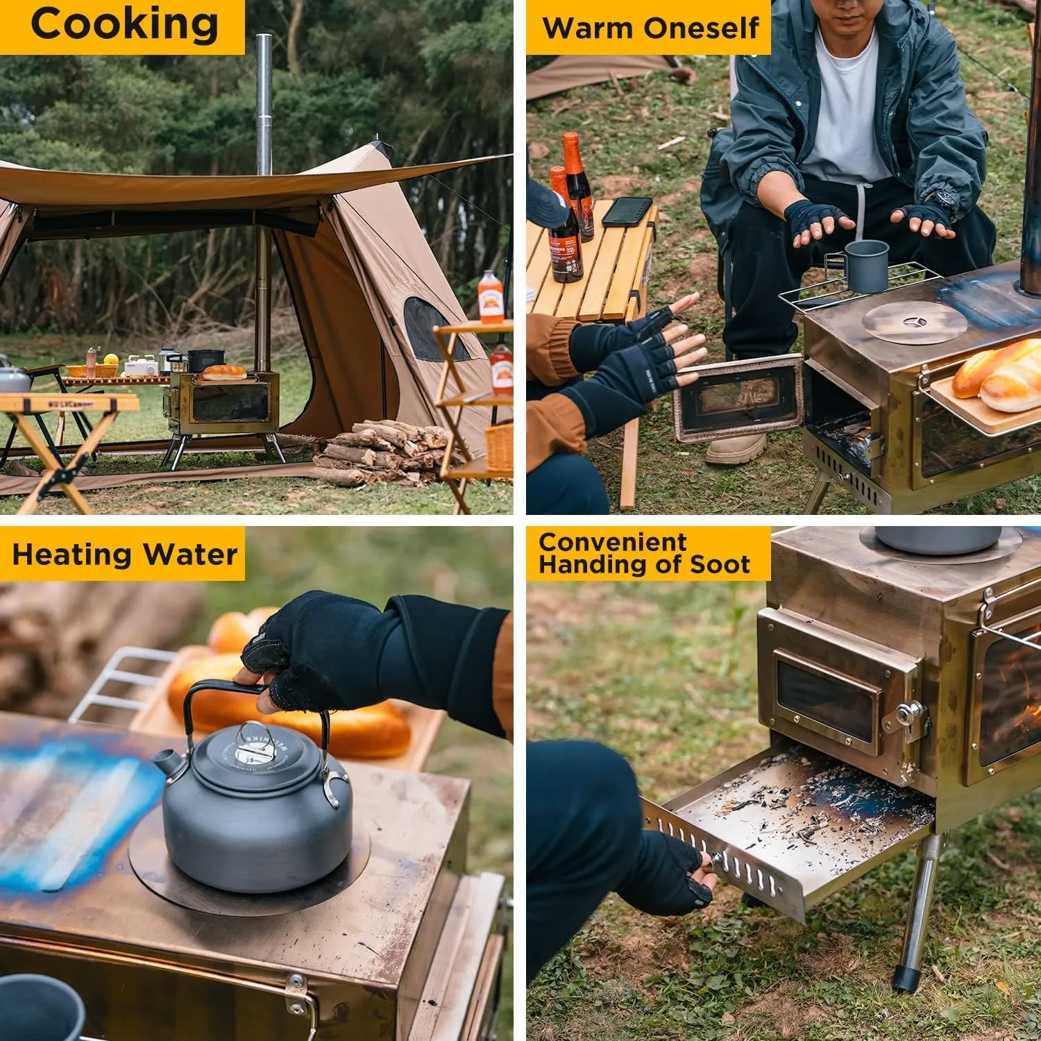 Outdoor Camping Stove, Portable Wood Burning Stove with Chimney Pipe for Tent, Shelter, Heating and Cooking