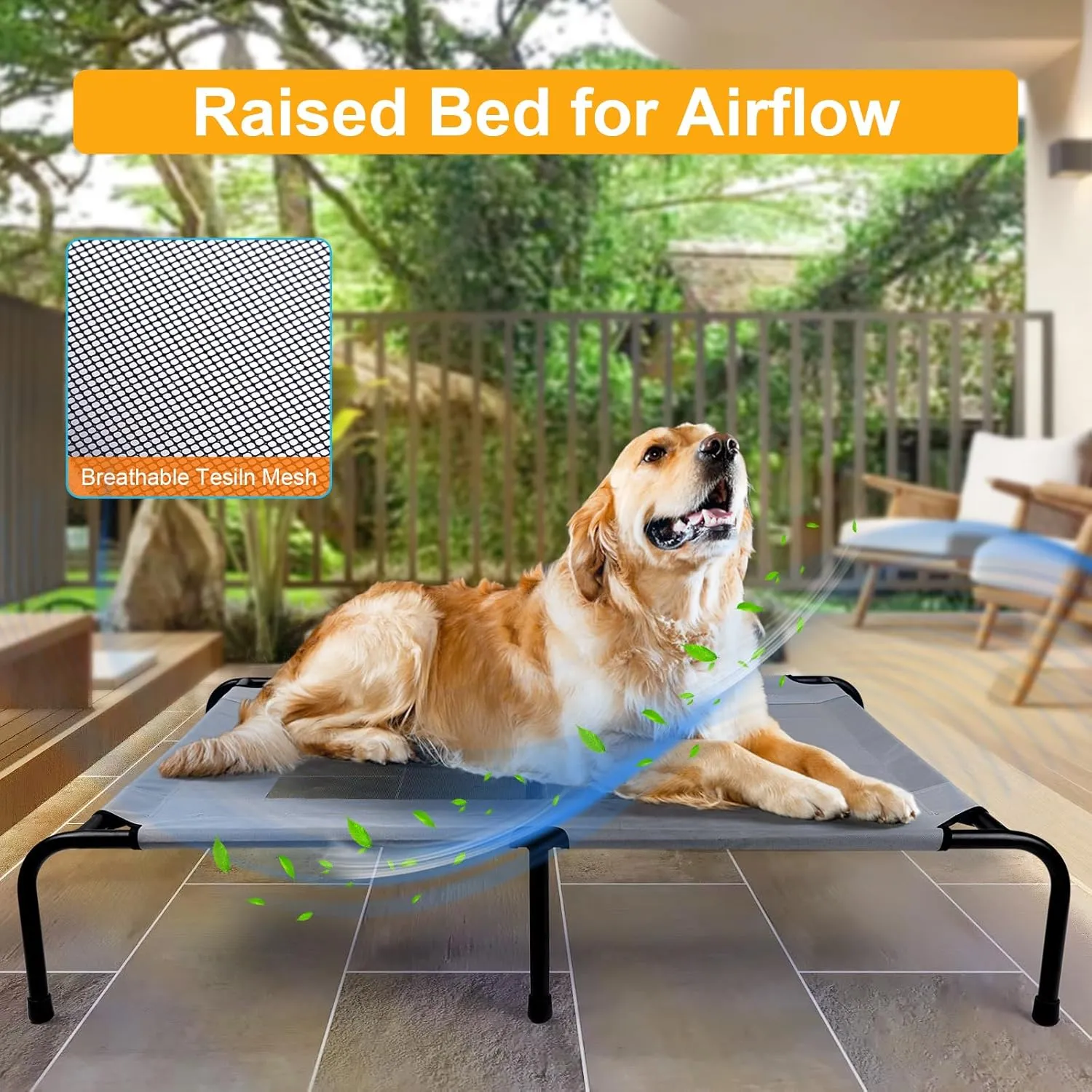 Outdoor Dog Elevated Bed for Large Dogs with Plush Mat, Durable Washable Raised Dog Beds, Indestructible Cooling Dogs Beds, Chew Proof Pet Cot Hammock for Large Breathable Outside (XL)