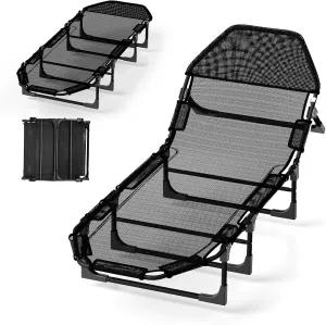 Outdoor Foldable Chaise Lounge Chair, Heavy Duty Sleeping Camp Cot Support Up to 440lbs, 600D PE Oxford Cloth Sleeping Cot for Adults, Black