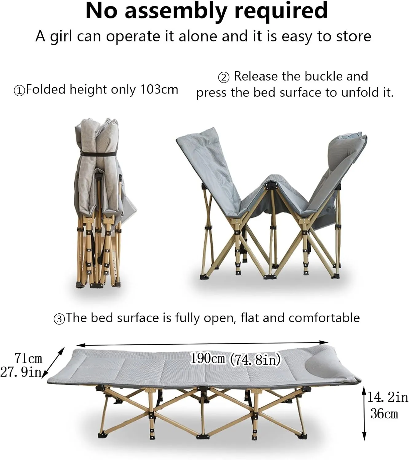 Outdoor Folding Bed Heavy Duty Sleeping Cot Portable Camping Cots with Side Pocket Single Lounge Chaise for Tent Travel Office(Gray)