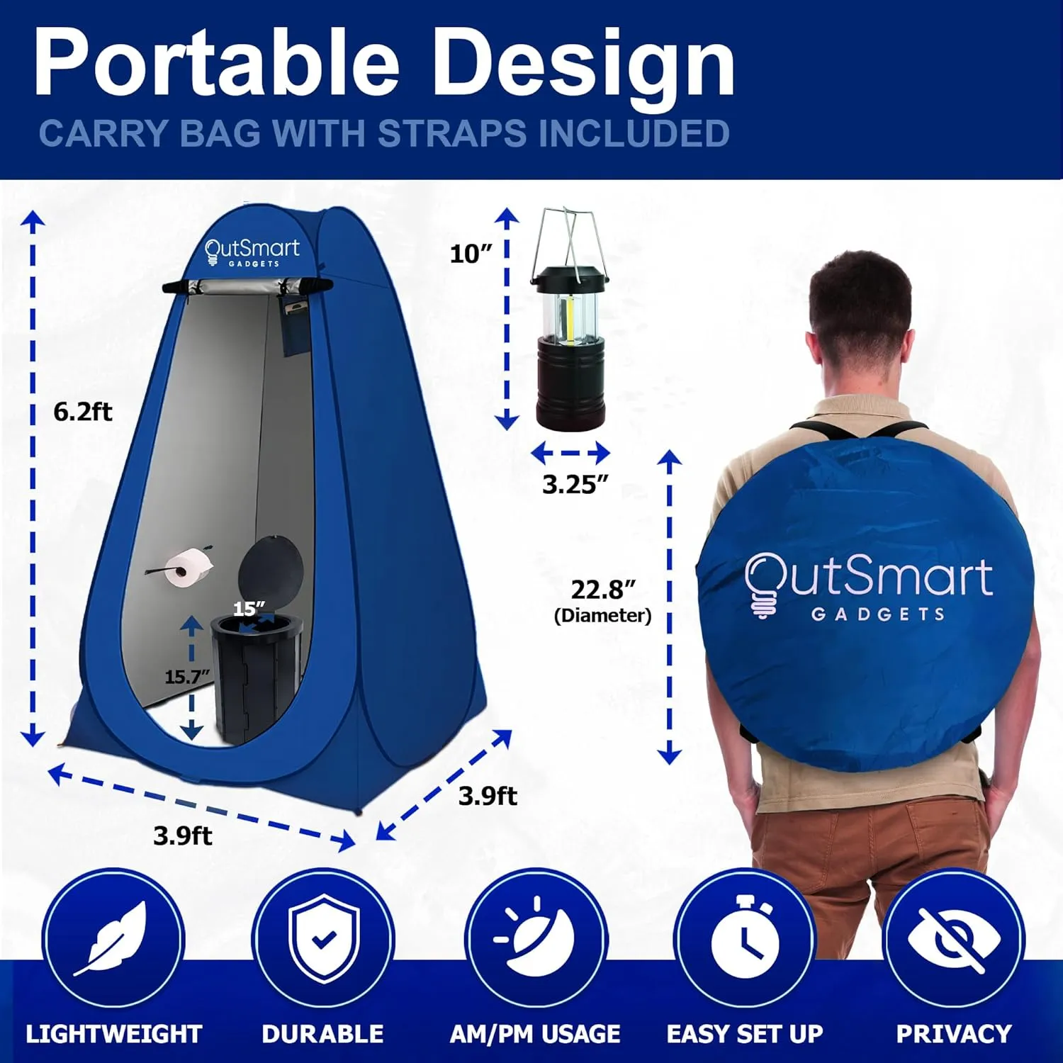 Outdoor Portable Toilet Set for Adults with Camping Night Lantern, Folding XL Toilet, Pop Up Privacy Tent and Carry Bags, Multipurpose Potty, Washable and Foldable for RV Travel